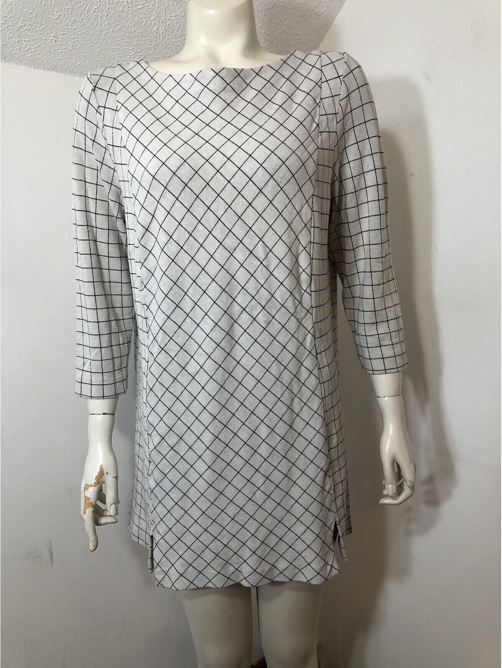J Jill Womens Large Ponte Knit Windowpane Grey Knit Black Tunic Top 3/4 Sleeved